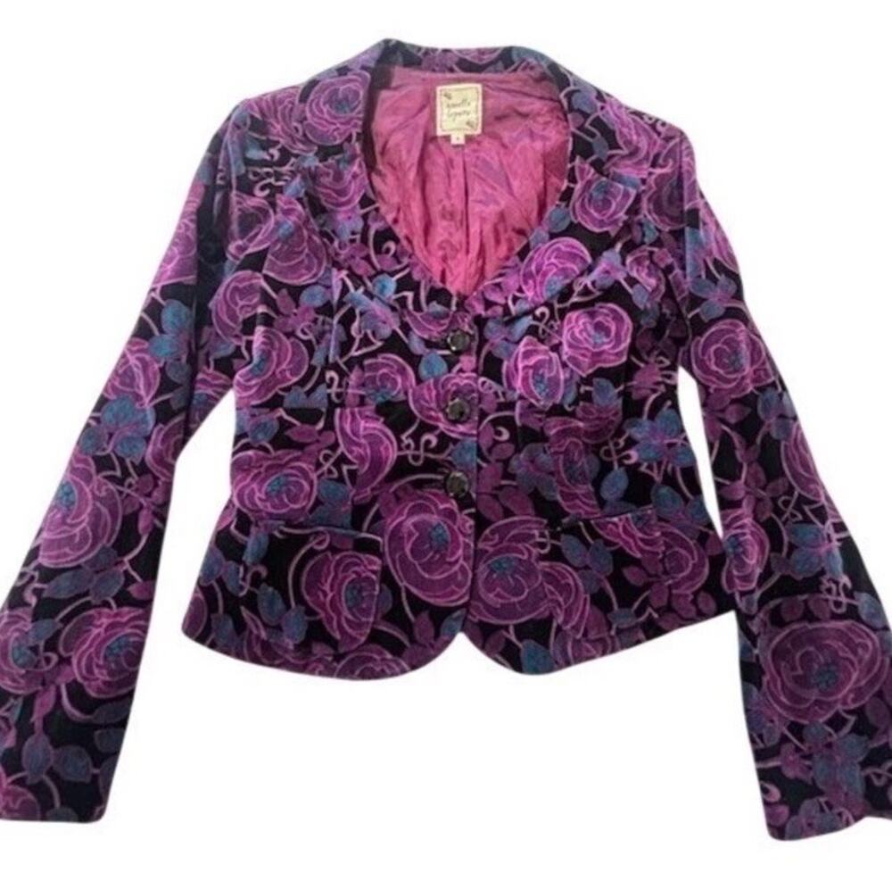 Vtg Nanette Lepore Women Size 8 Purple Floral Velvet Peplum Blazer Short Jacket